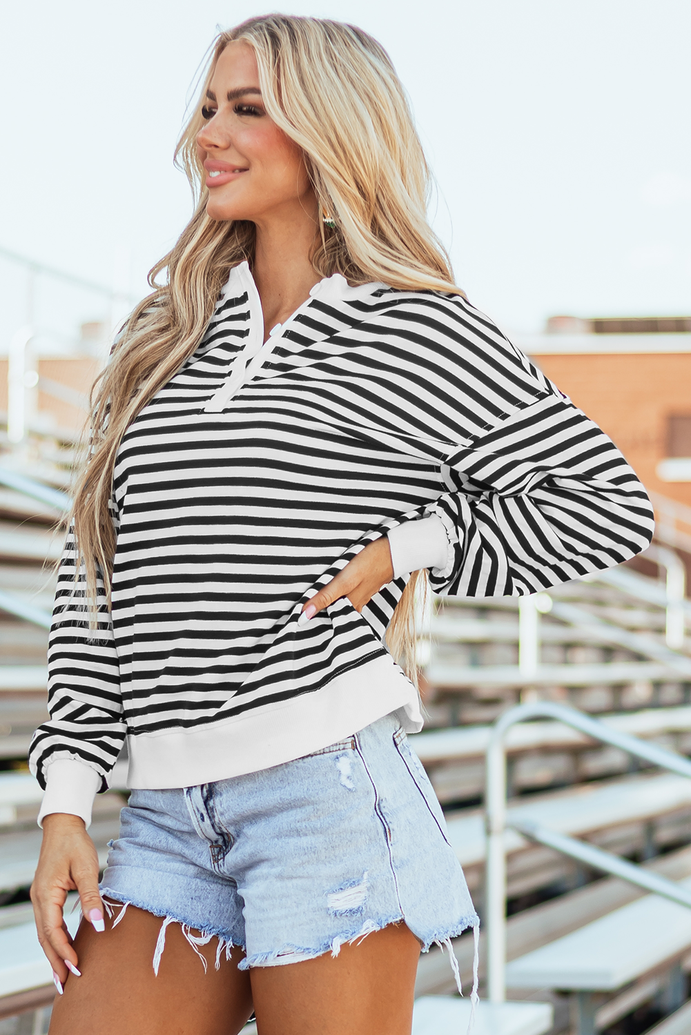  Striped Oversized Sweatshirt with Button Details and Crew Neck