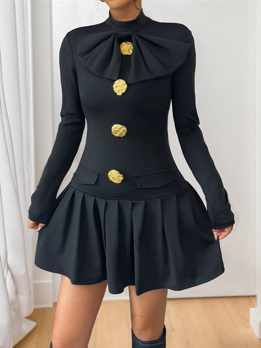  Decorative Button Mock Neck Long Sleeve Mini Dress Chic Style