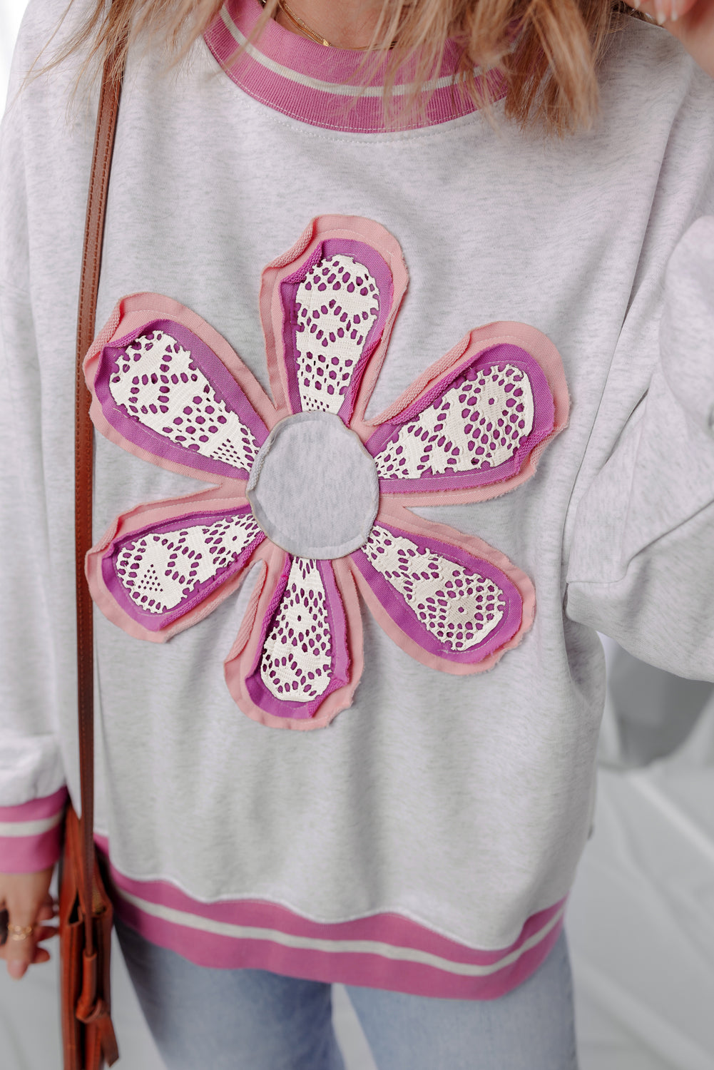 Flower Patch Sweatshirt with Contrasting Trim and Crew Neck