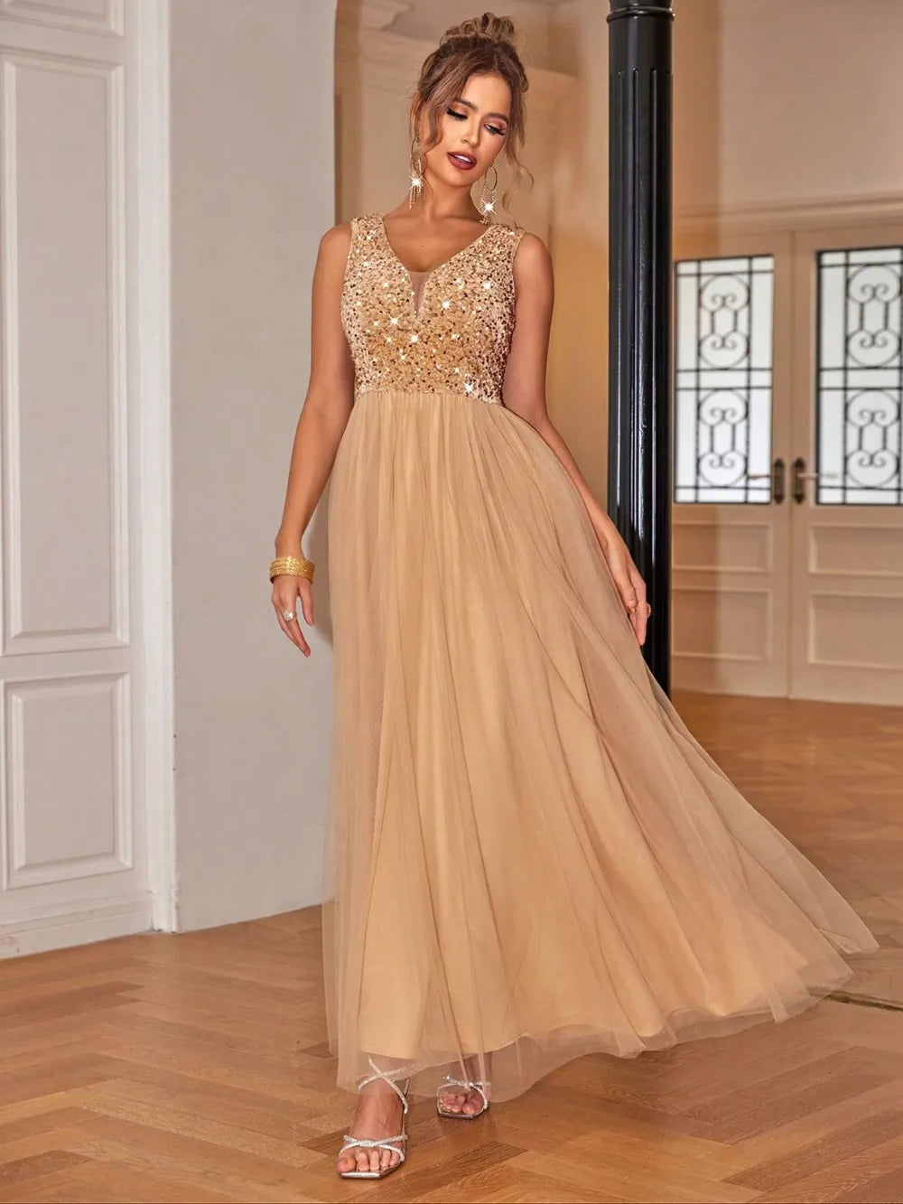 Party styling of Sequin V-Neck Sleeveless Dress with heels