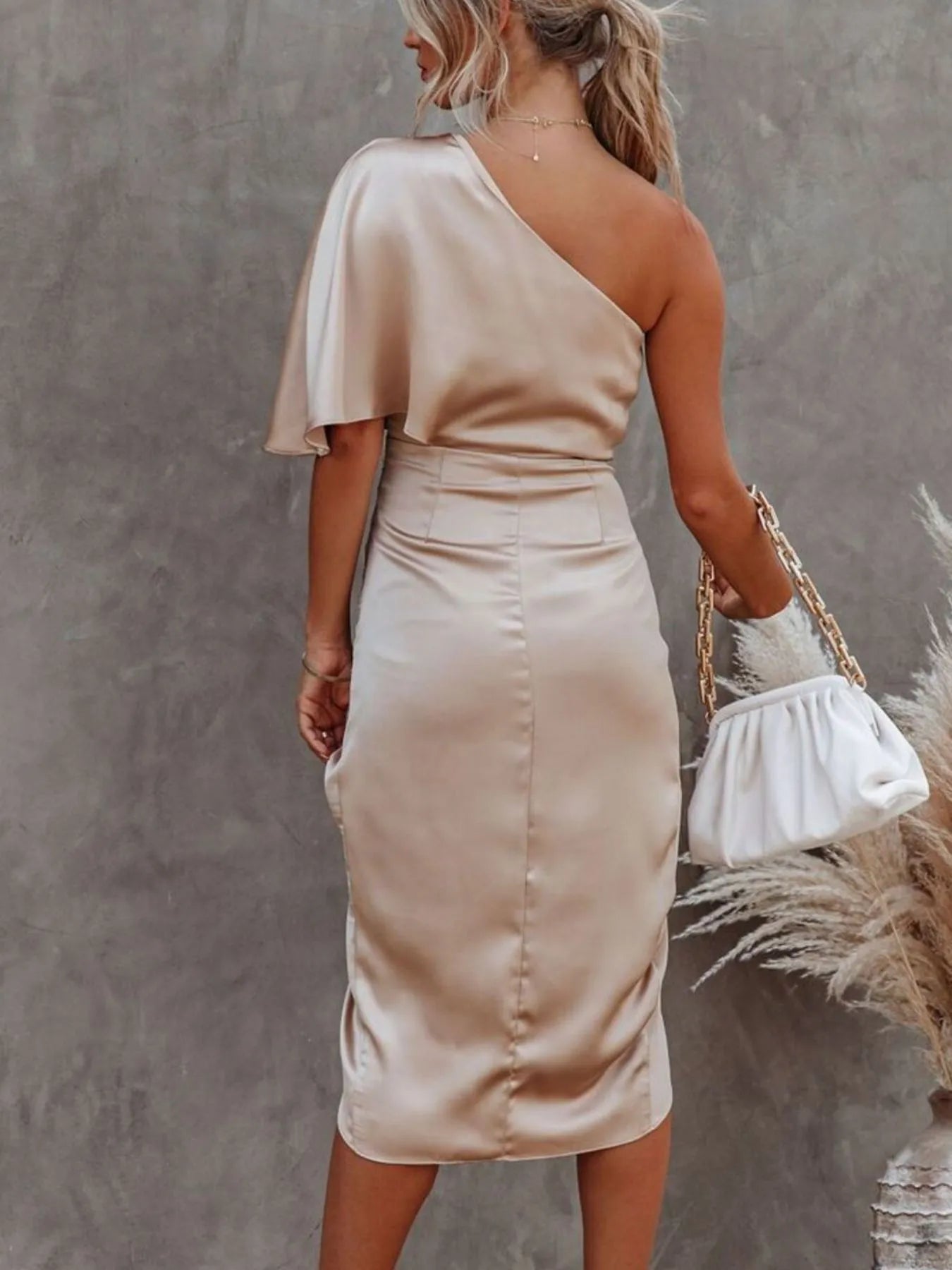 One Shoulder Satin Wrap Dress with Side Slit