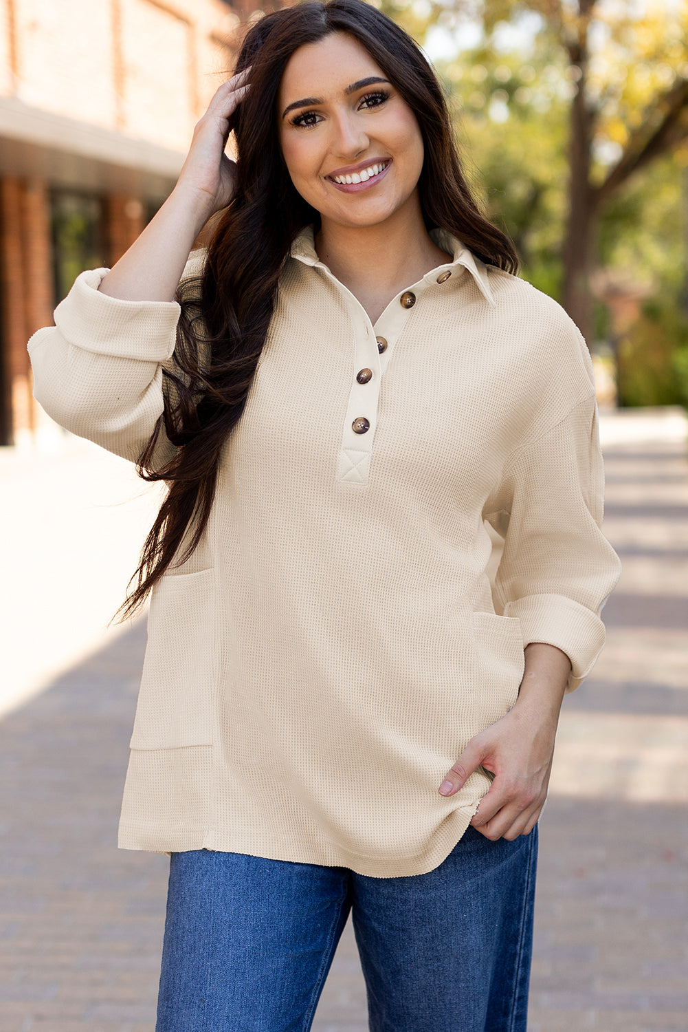 Waffle Knit Button Up Top – Cozy Long Sleeve Casual Shirt