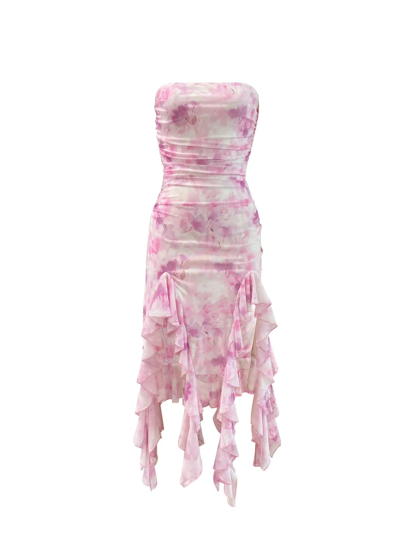  Tie-Dye Strapless Ruffle Hem Dress Summer Party Look