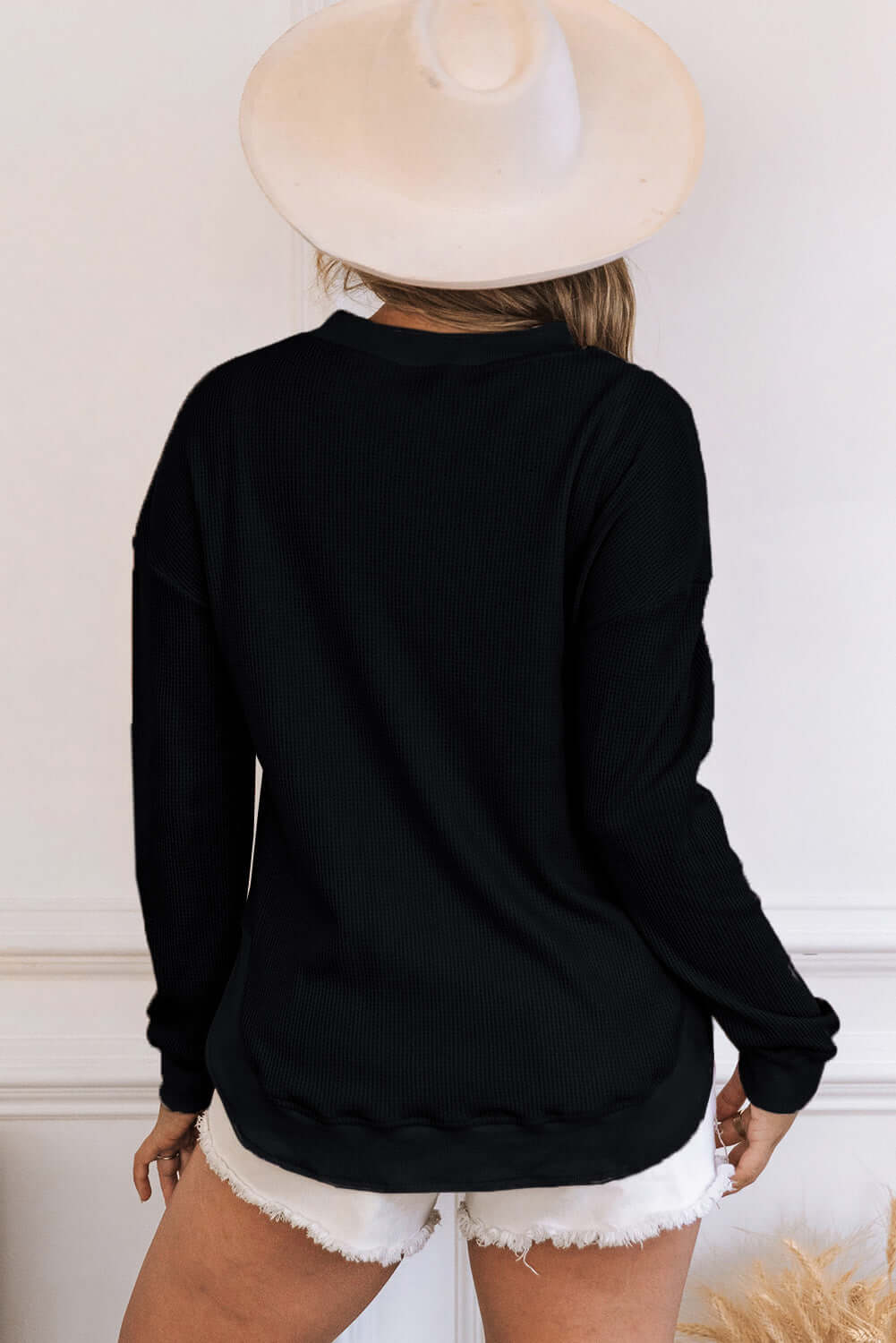 Waffle Knit Long Sleeve Top - Cozy Textured Elegance