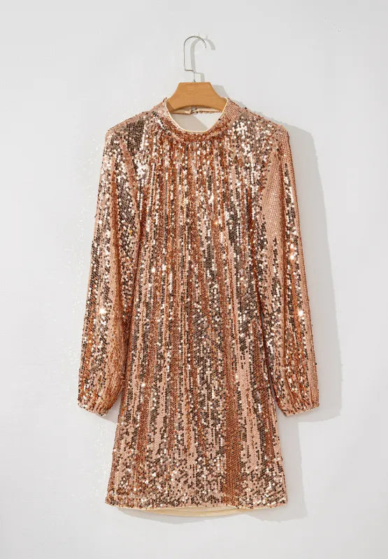  Backless Sequin Mock Neck Long Sleeve Mini Dress Party Look