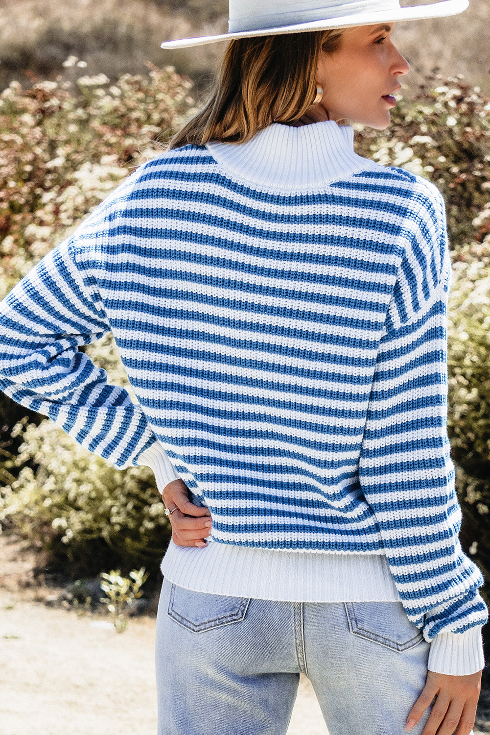 Striped Zip Up Sweater - Trendy Drop Shoulder Style