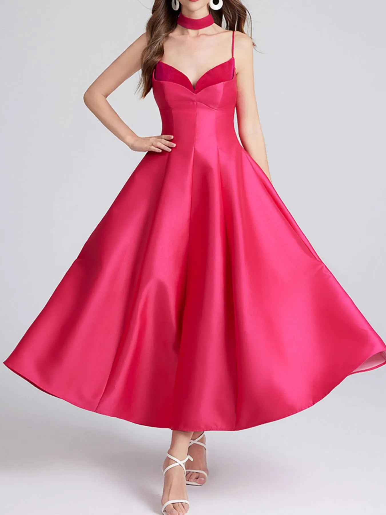 Sweetheart Spaghetti Strap Midi Dress with Collar neckline detail