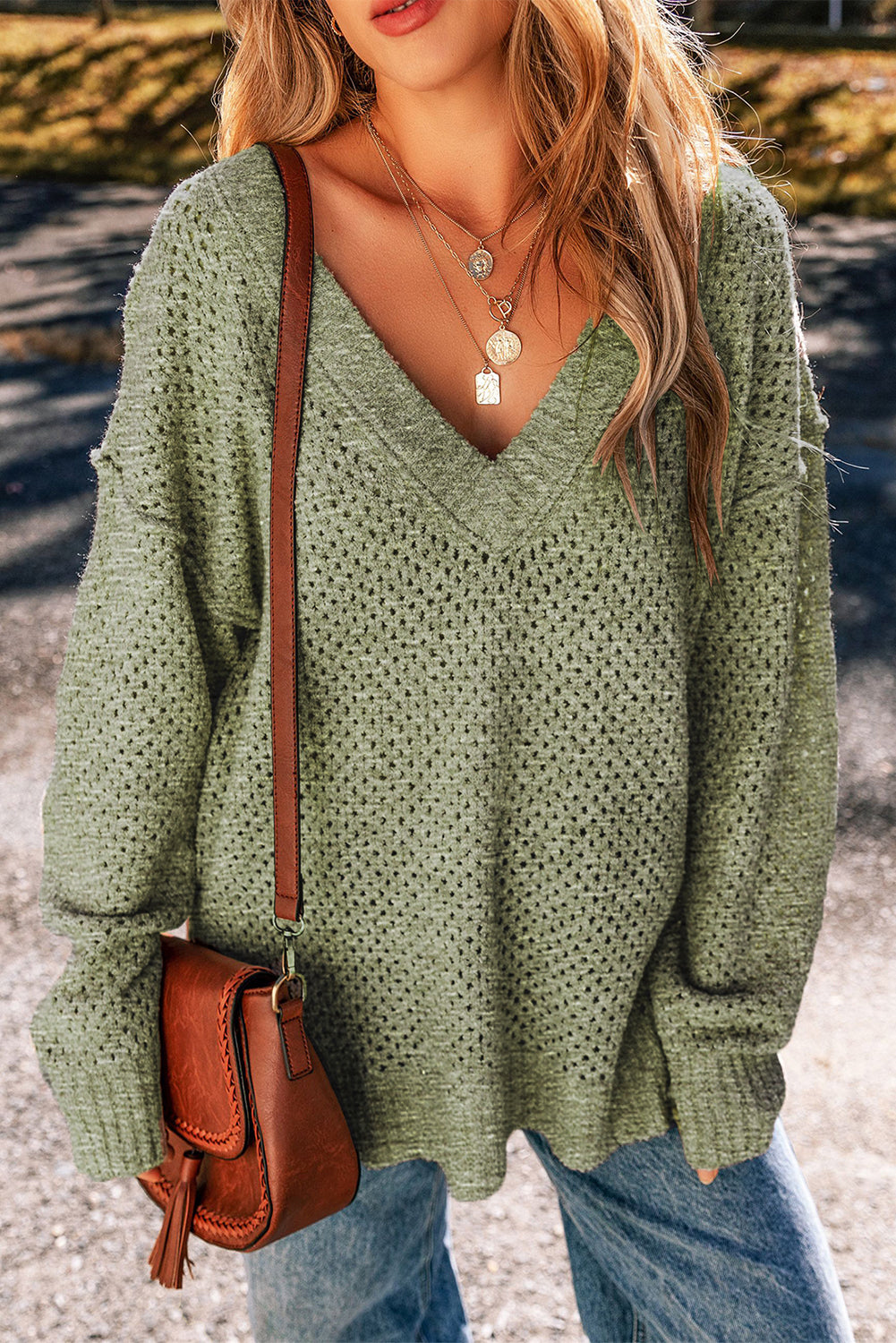Eyelet V Neck Loose Sweater with Drop Shoulder Design