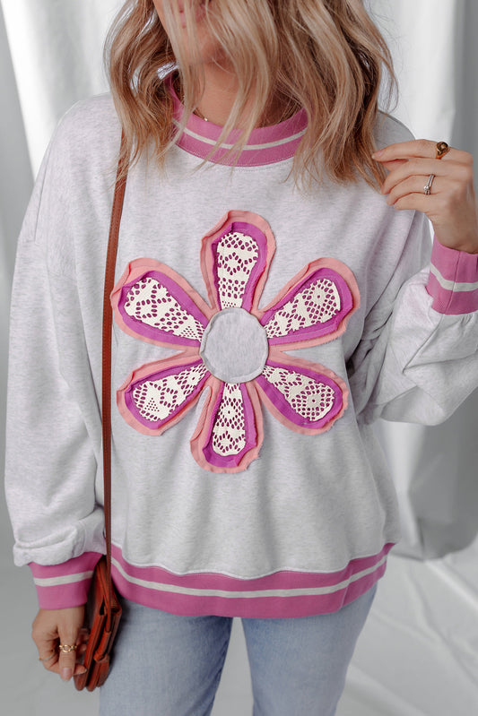 Flower Patch Sweatshirt with Contrasting Trim and Crew Neck