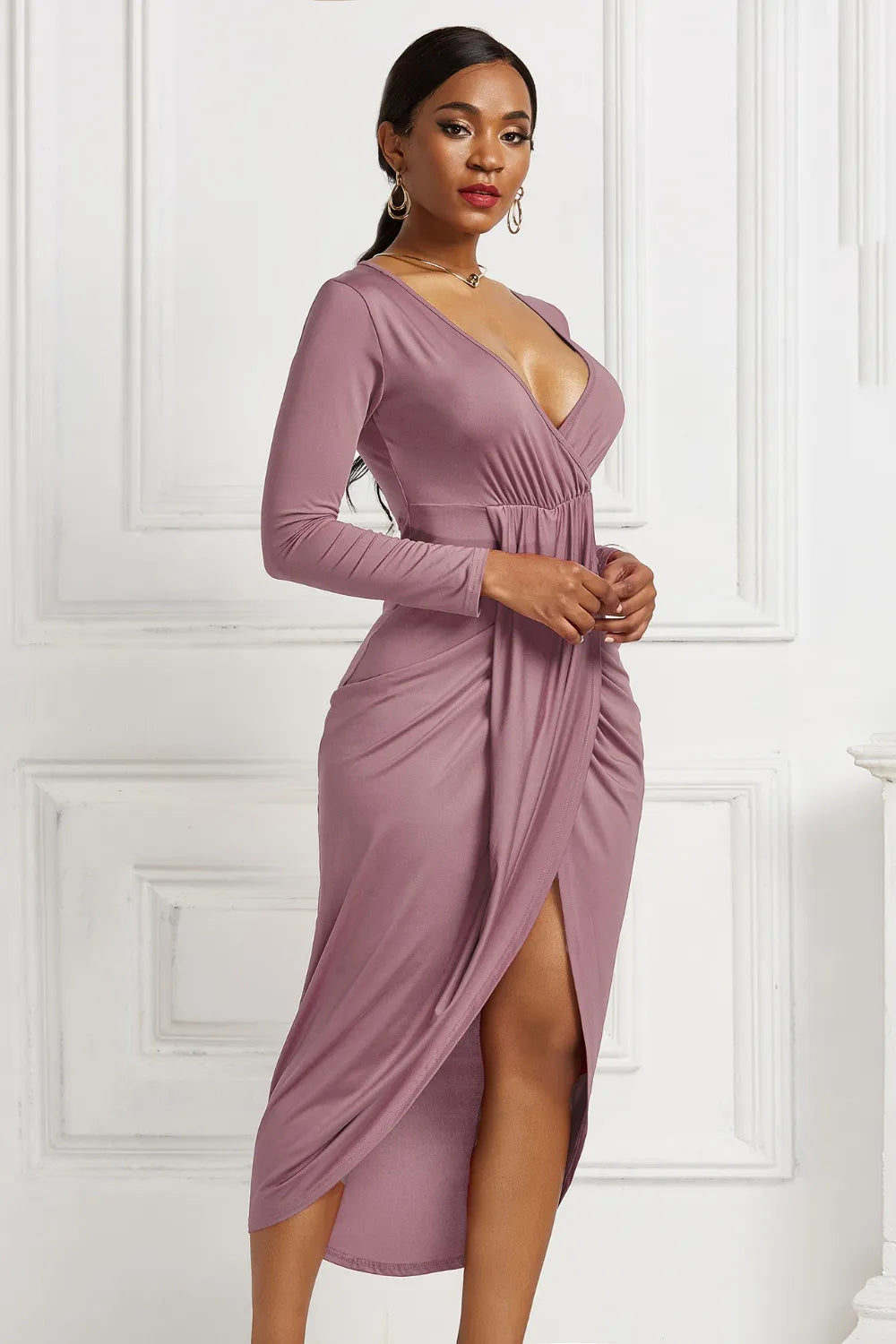 High-Low Ruched Surplice Long Sleeve Dress side view