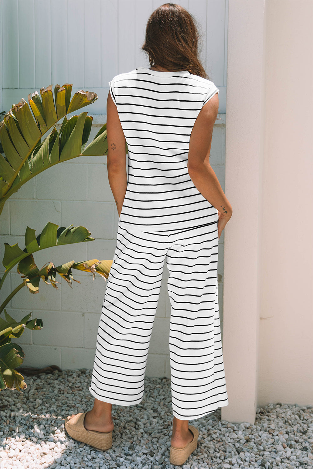 Striped Two Piece Set with Cap Sleeve Top and Wide Leg Pants