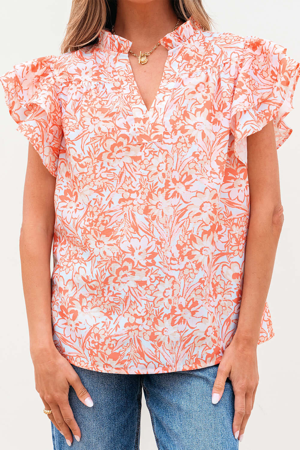 Floral Ruffle Sleeve Split Neck Blouse for Summer Style