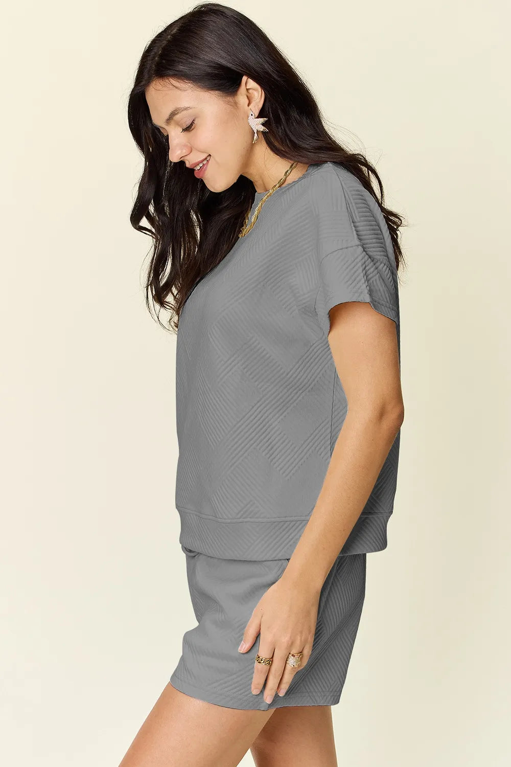 Full Size Texture T-Shirt and Shorts Set with Drawstring