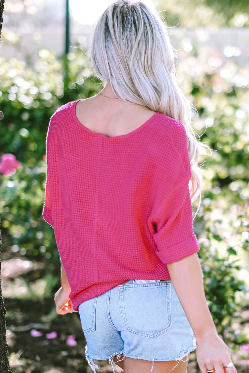 Textured Knit Split Neck Top With Drop Shoulder Style