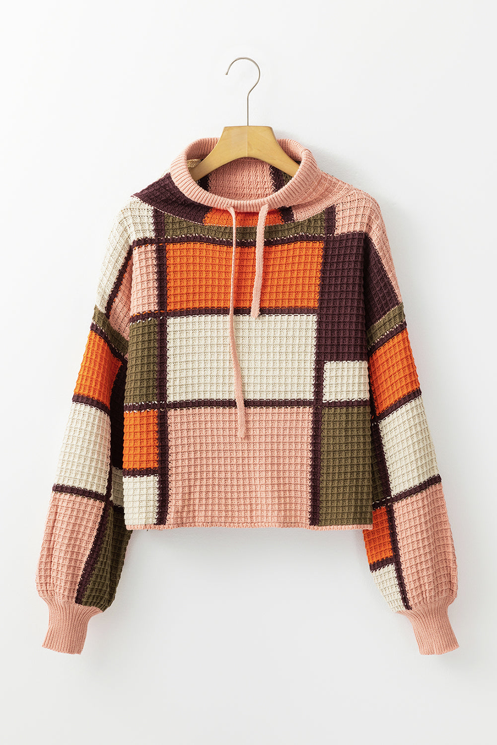 Color Block Sweater - Waffle Knit Mock Neck Style