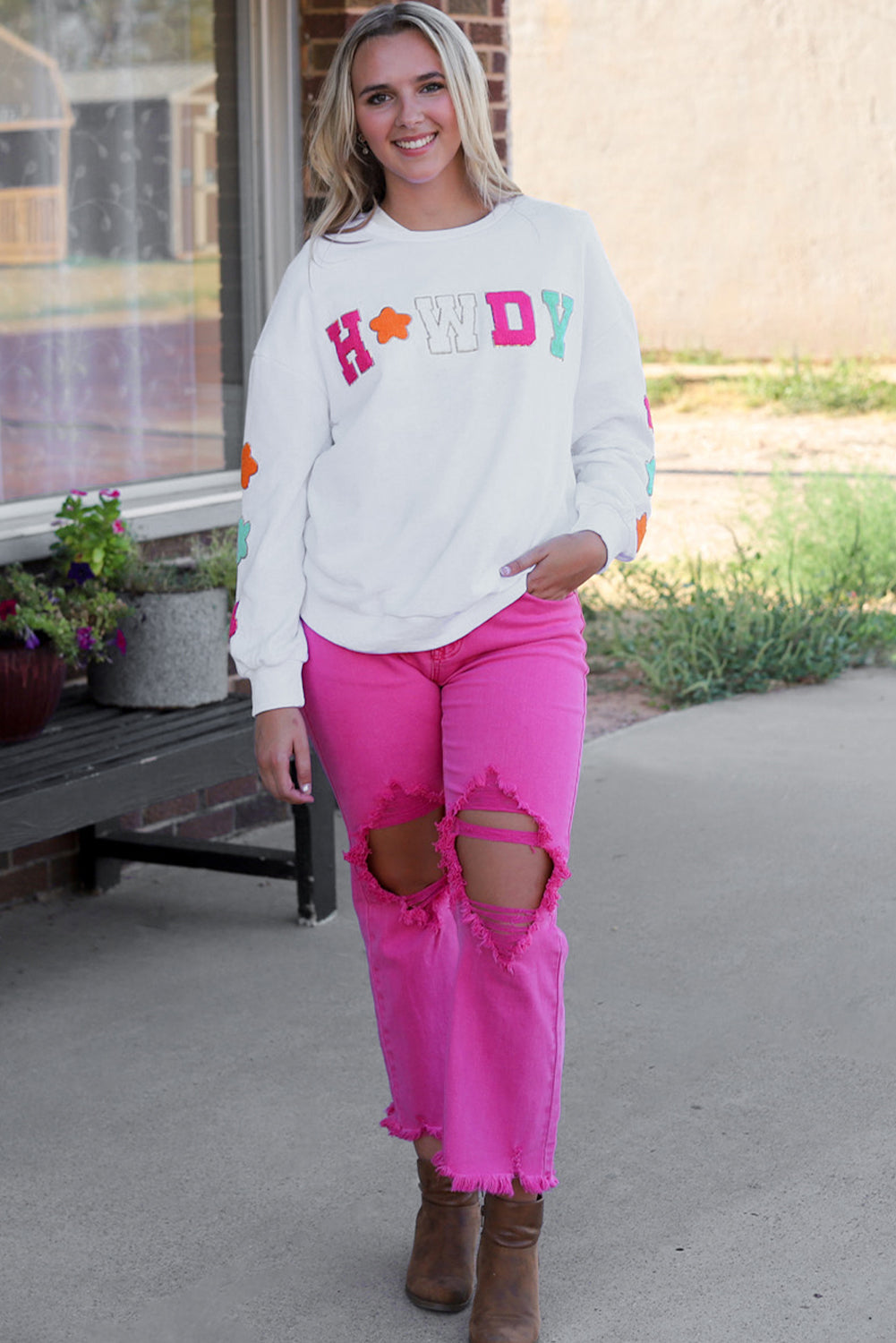 Howdy Graphic Sweatshirt with Star Sleeve Design