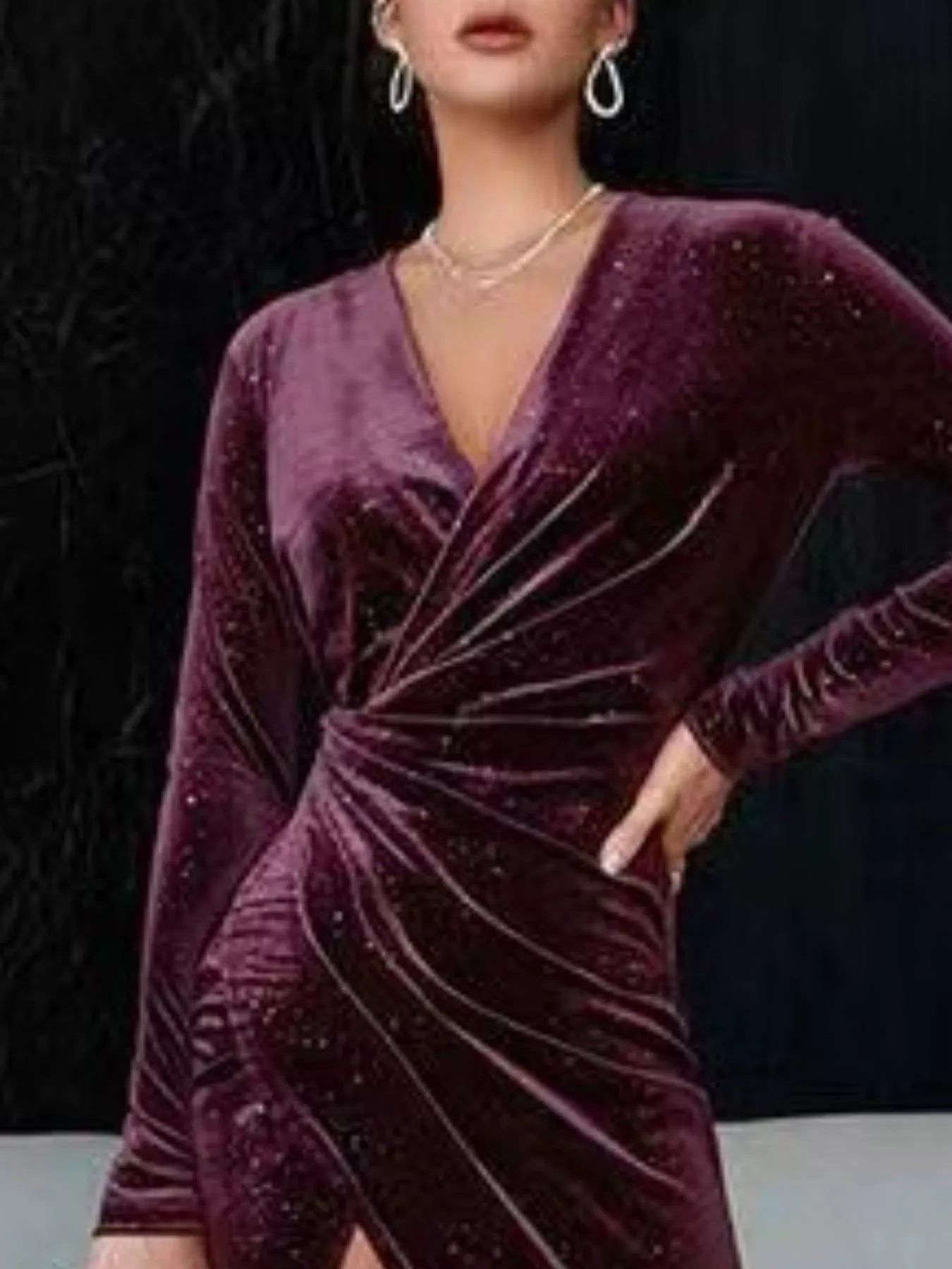 Velvet Ruched Slit Midi Dress front view
