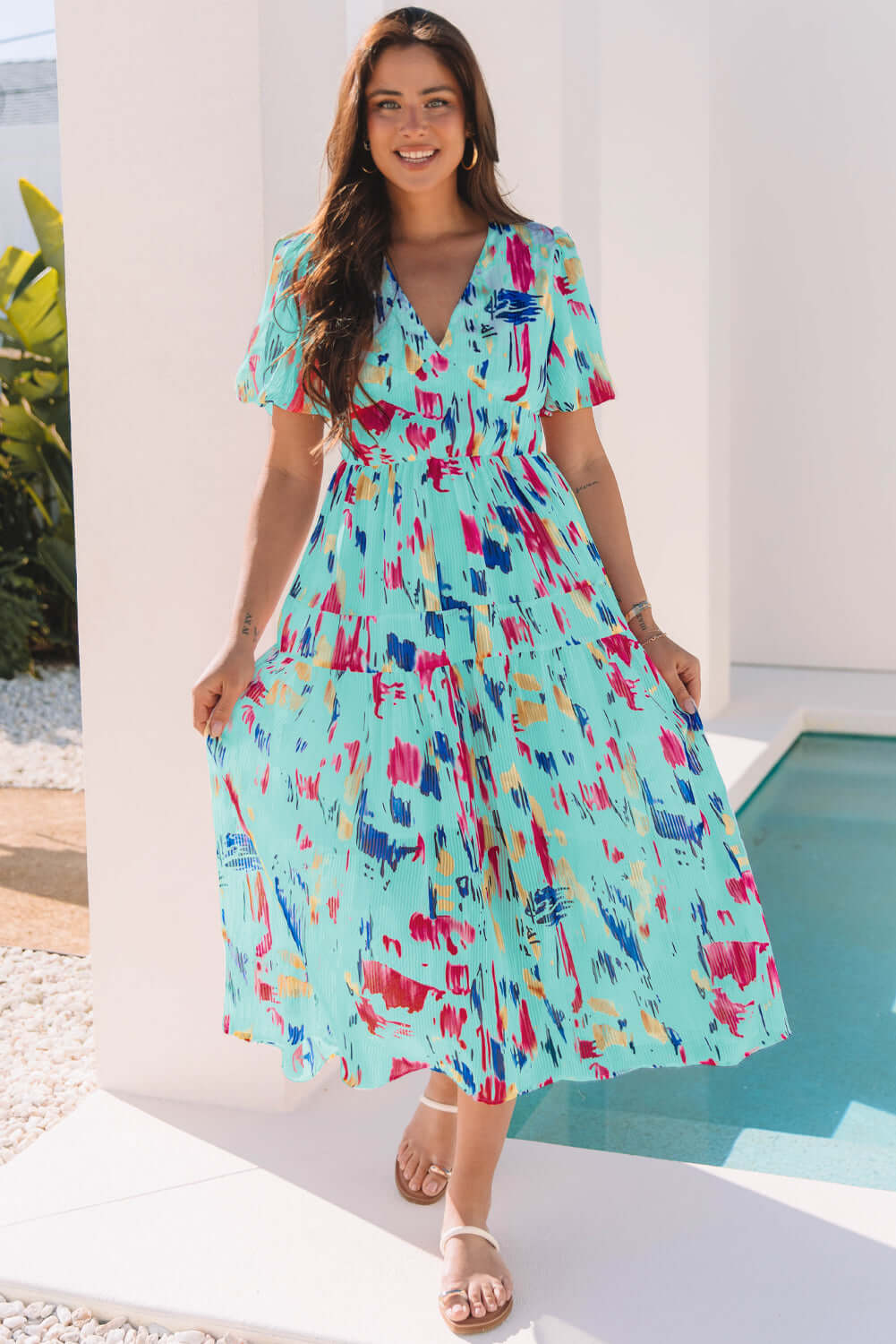 Abstract Puff Sleeve Dress With Elegant V Neck And High Waist