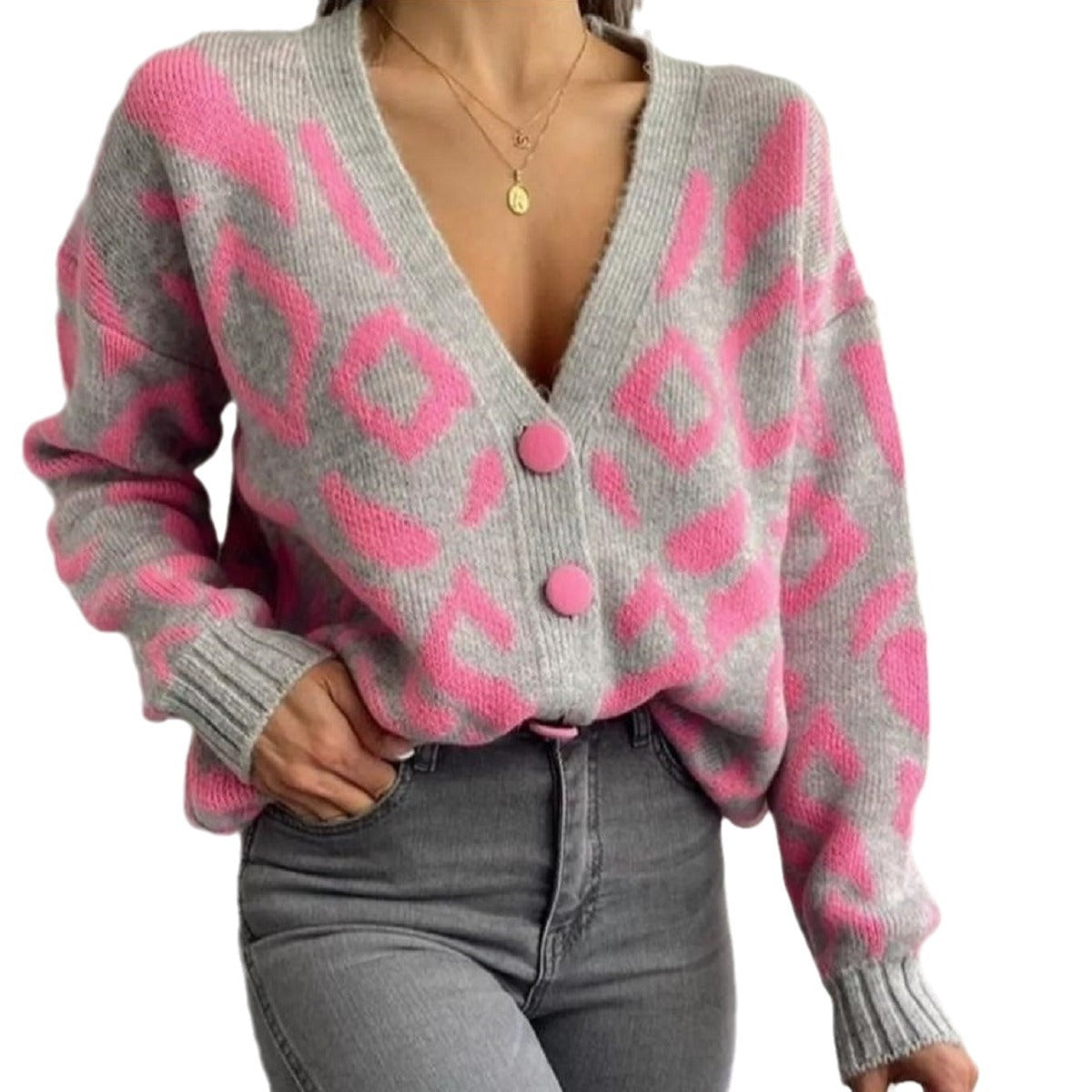 V-neck Long Sleeve Single-breasted Knitted Sweater