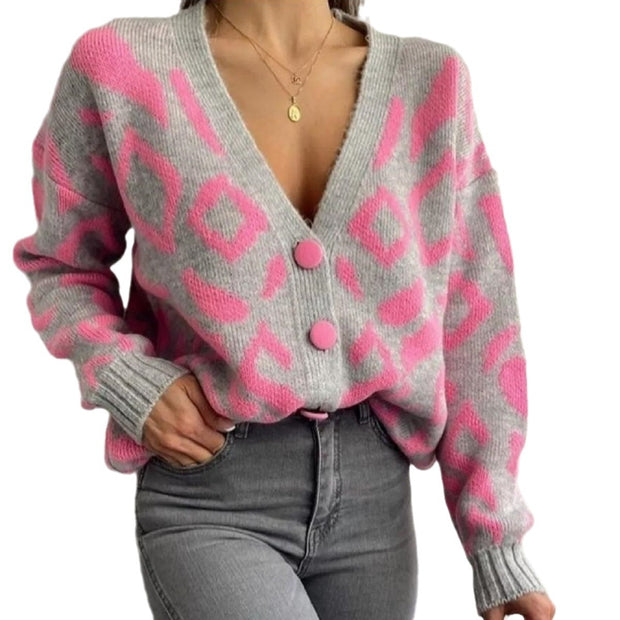 V-neck Long Sleeve Single-breasted Knitted Sweater