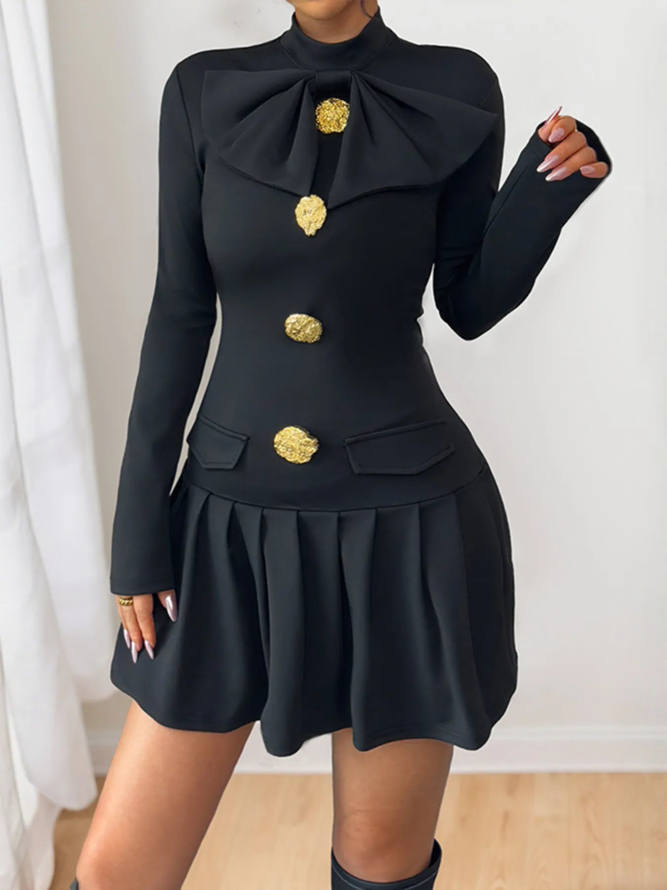  Decorative Button Mock Neck Long Sleeve Mini Dress Chic Style