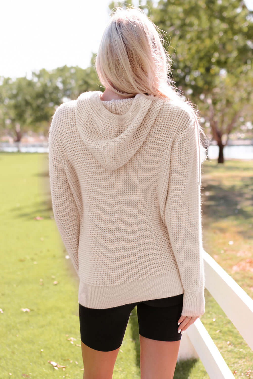 Waffle Knit Hooded Sweater With Button Neckline