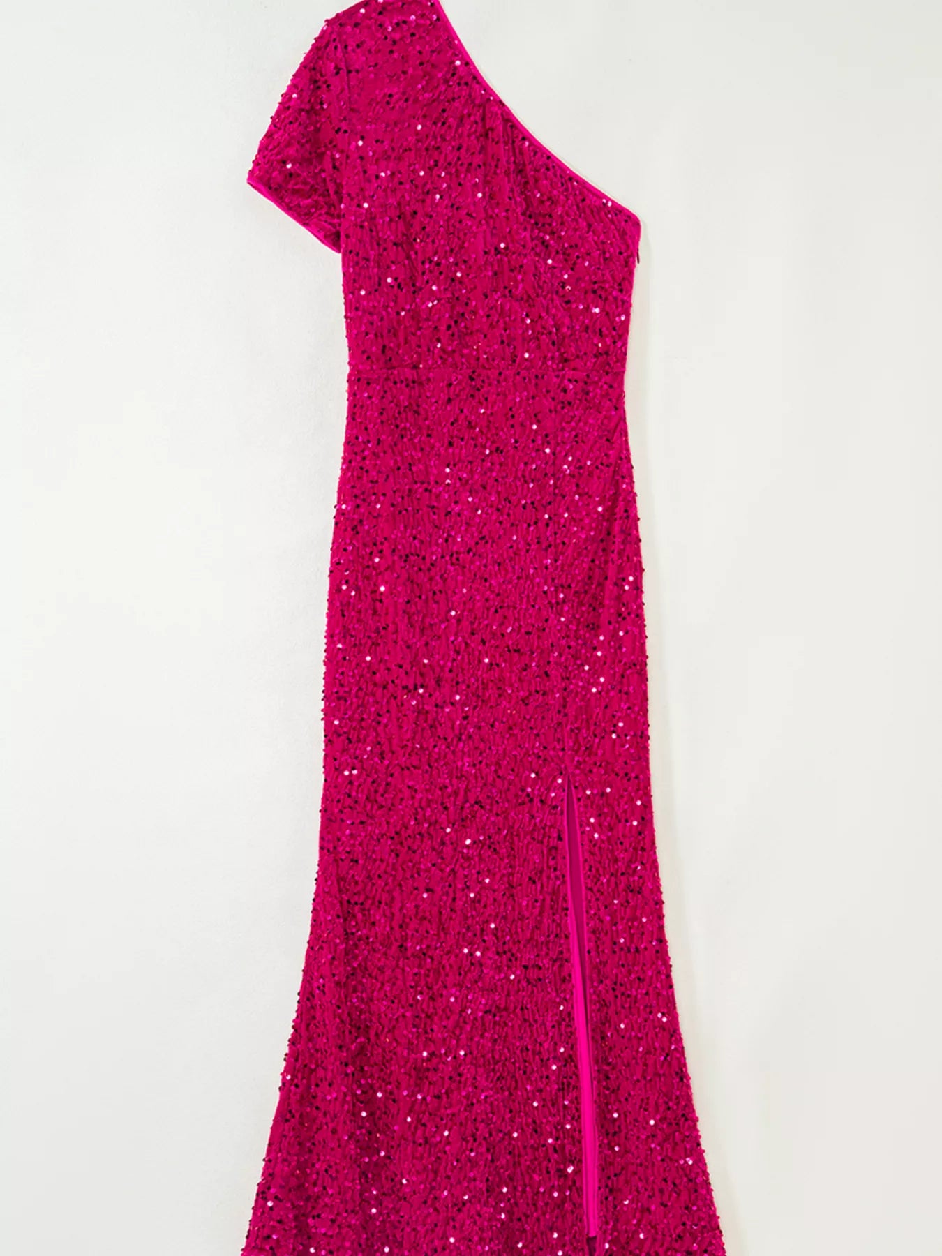 Sequin One-Shoulder Dress with high slit in vibrant pink, perfect for elegant party wear.