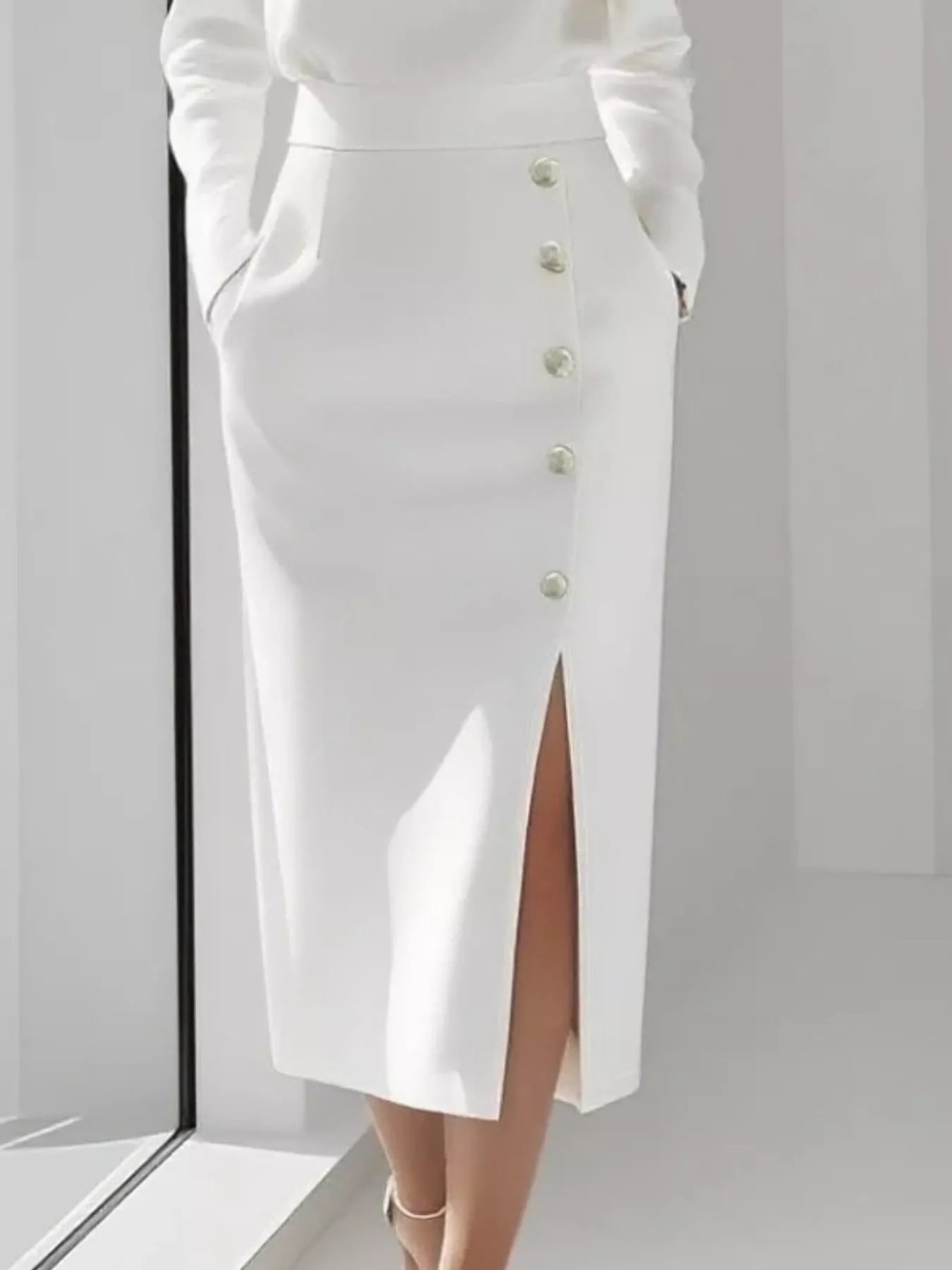 Long Sleeve Button Detail Midi Dress with Side Slit outfit inspiration