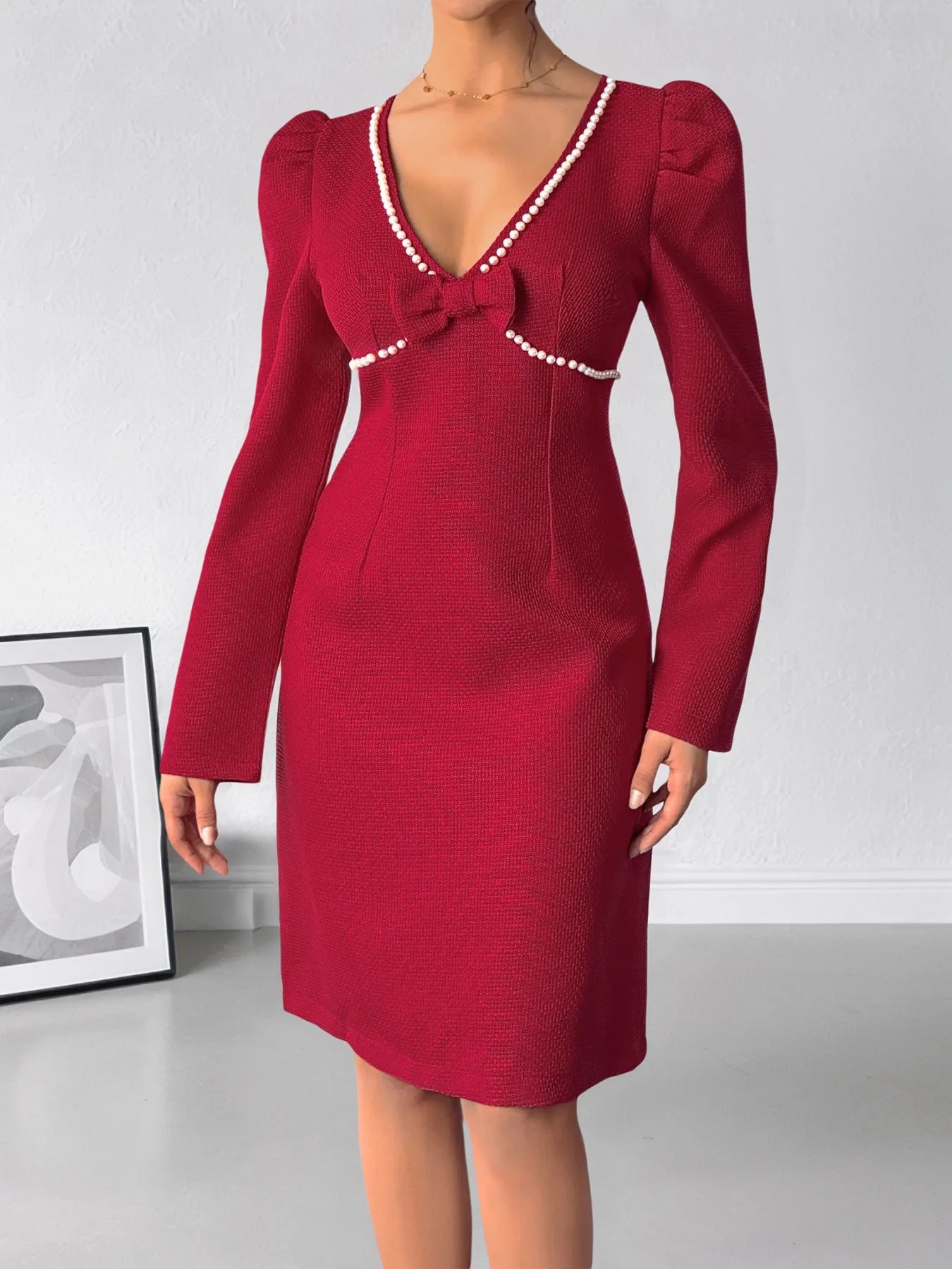  Pearl Trim V Neck Long Sleeve Bodycon Dress Elegant Fit