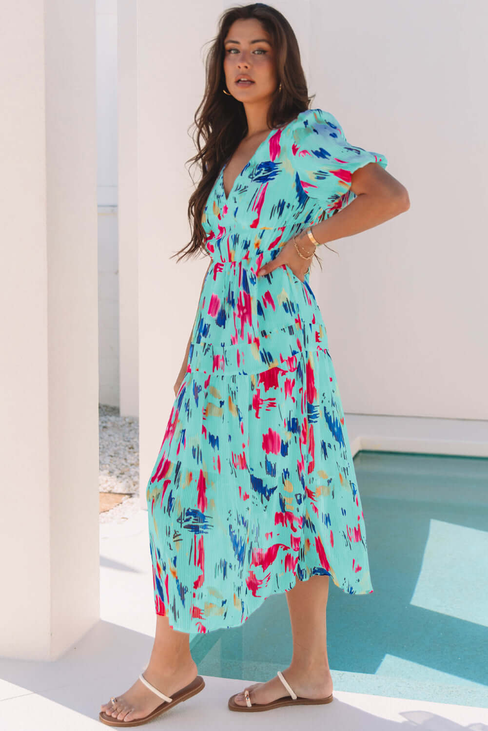 Abstract Puff Sleeve Dress With Elegant V Neck And High Waist