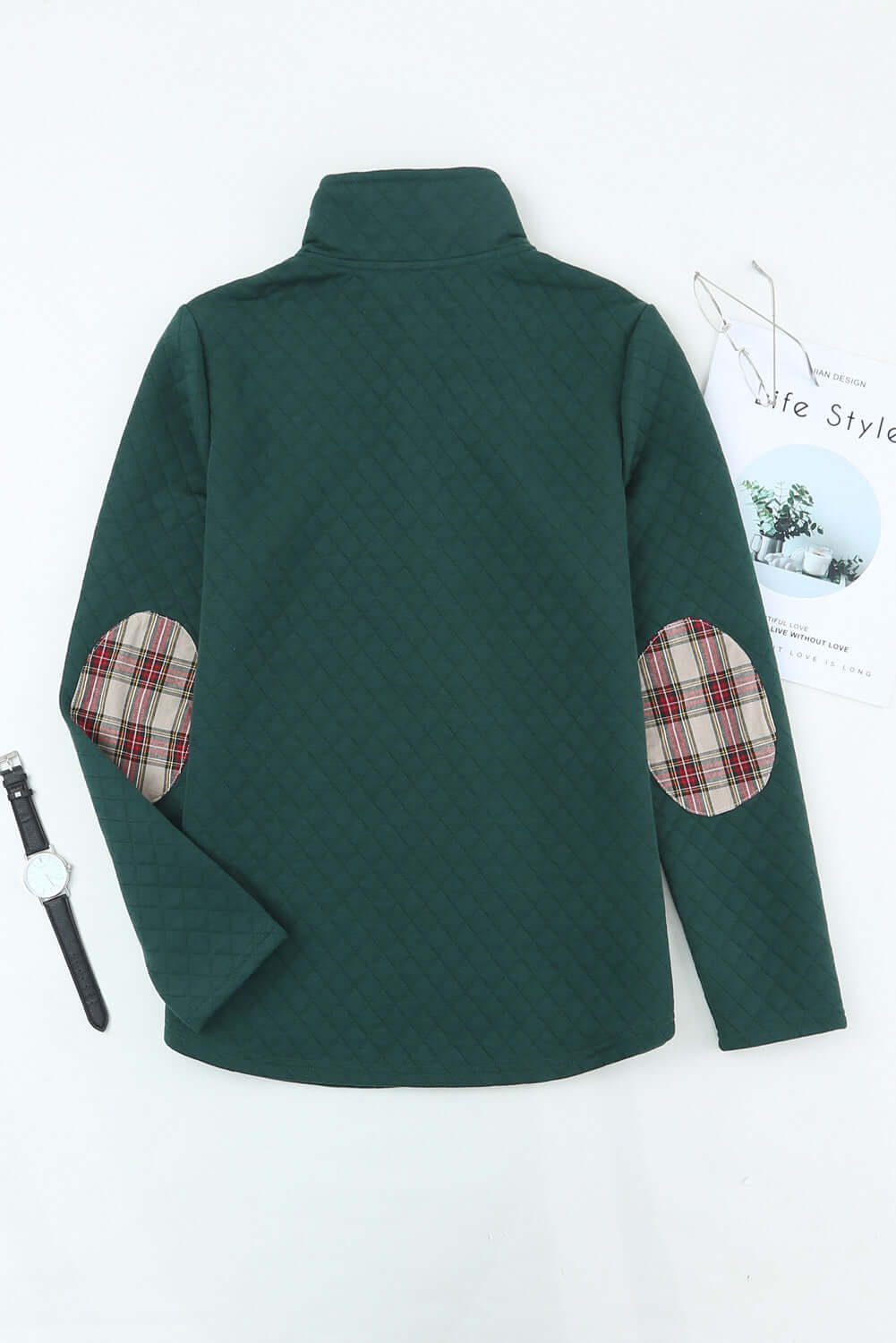 Plaid Trim Sweatshirt with Geometric Texture Design