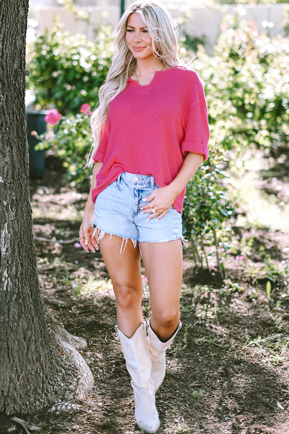 Textured Knit Split Neck Top With Drop Shoulder Style
