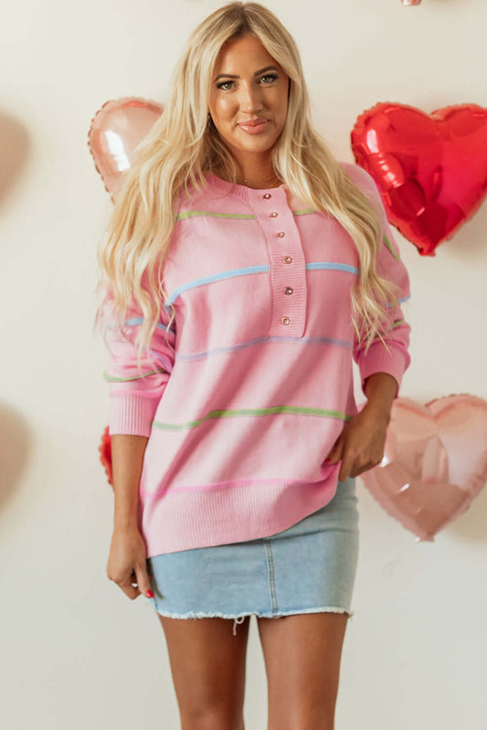 Rainbow Stripe Baggy Henley Sweater - Playful and Cozy Style