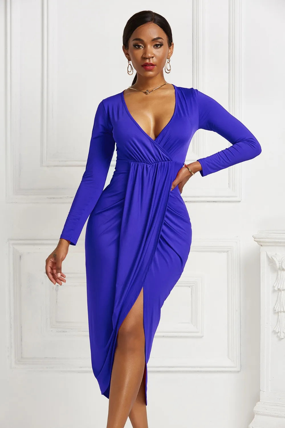High-Low Ruched Surplice Long Sleeve Dress side view