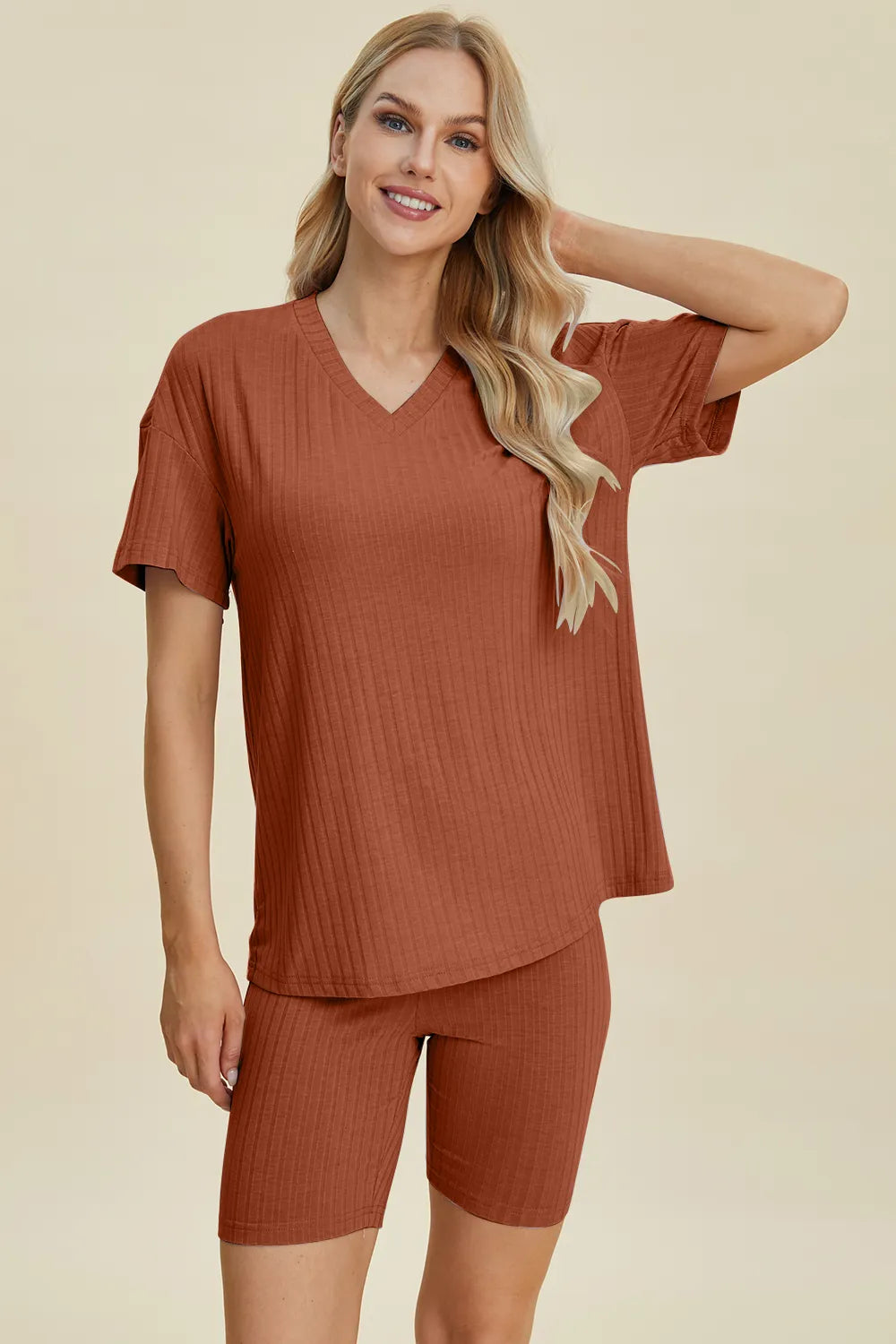 Ribbed V-Neck Short Sleeve Top and Shorts Set for Women