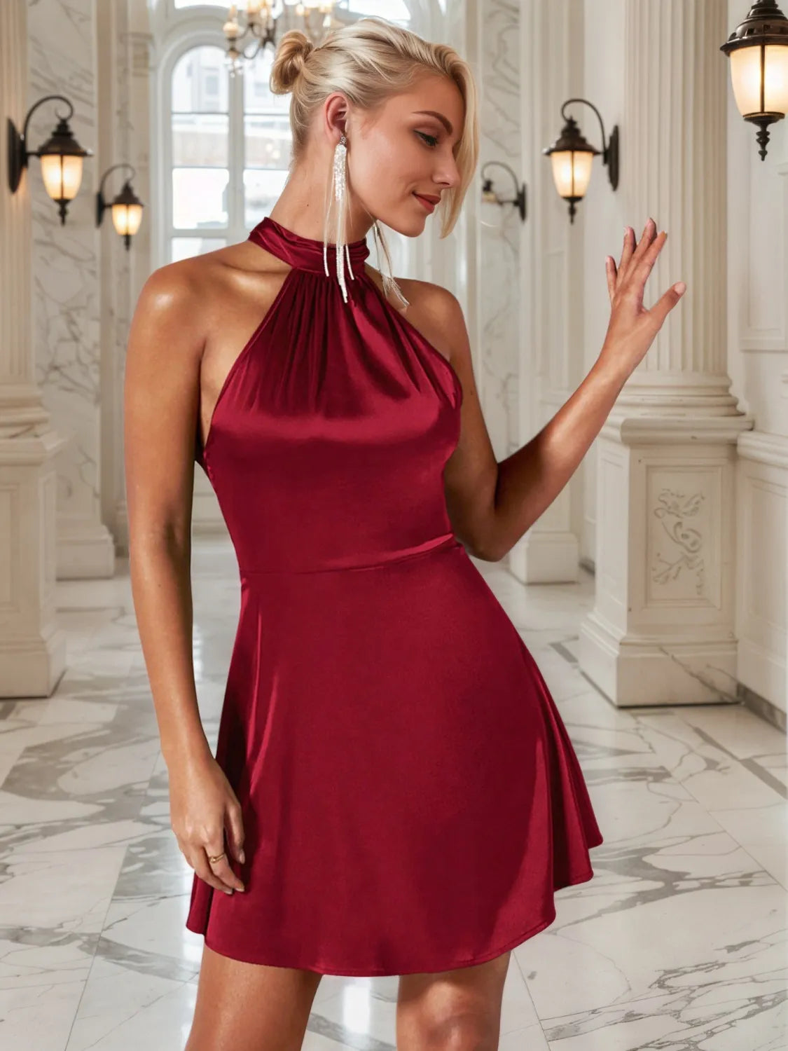  Satin Party Mini Dress with Elegant Ruffle Detail