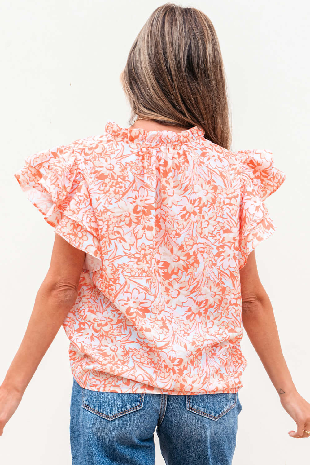 Floral Ruffle Sleeve Split Neck Blouse for Summer Style