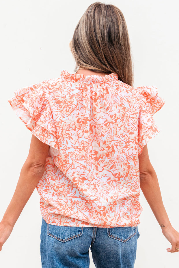Nancy Floral Ruffle Sleeve Split Neck Blouse-1