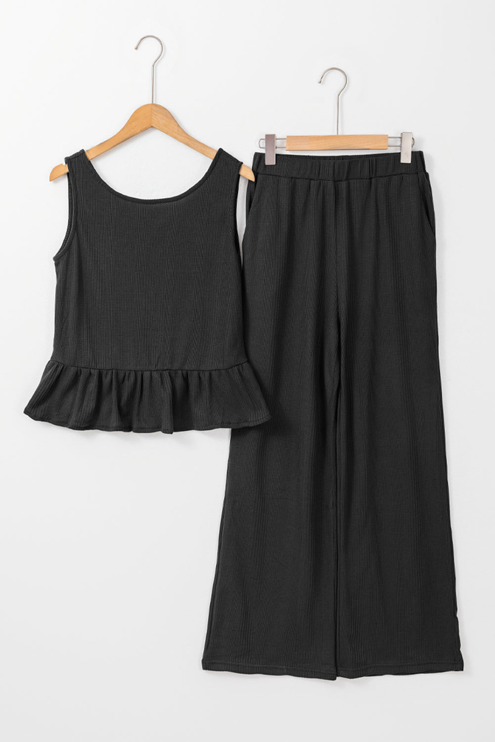 Solid Ribbed Loungewear Set with Ruffled Tank Top