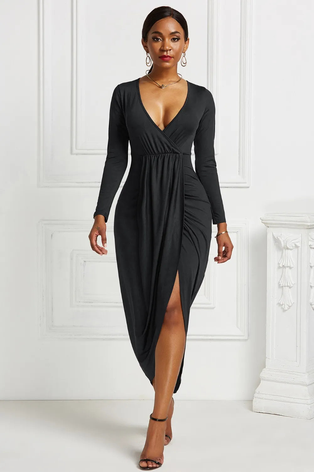 High-Low Ruched Surplice Long Sleeve Dress side view