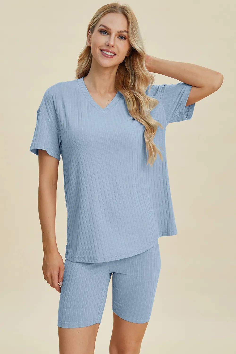 Ribbed V-Neck Short Sleeve Top and Shorts Set for Women