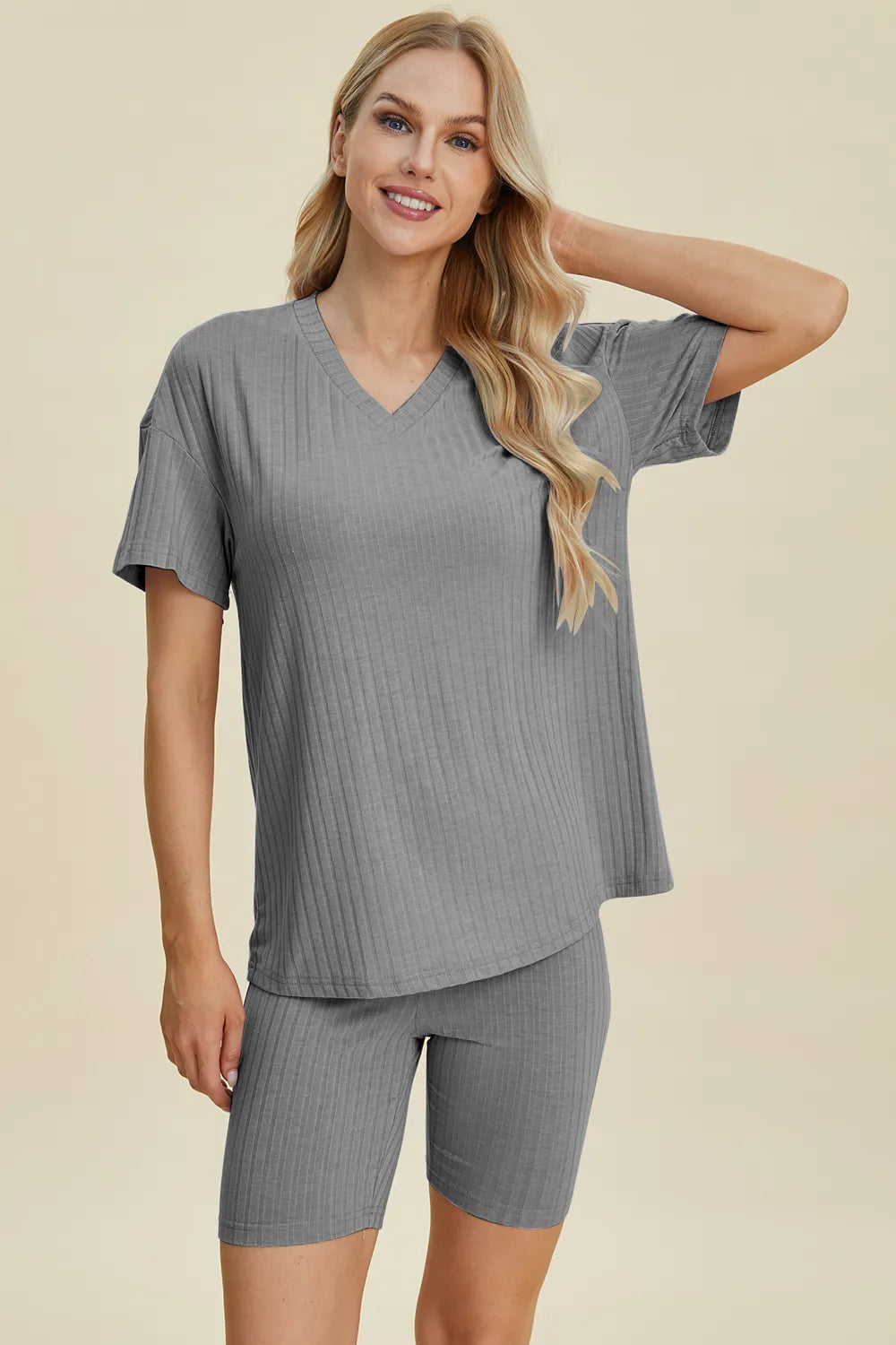 Ribbed V-Neck Short Sleeve Top and Shorts Set for Women