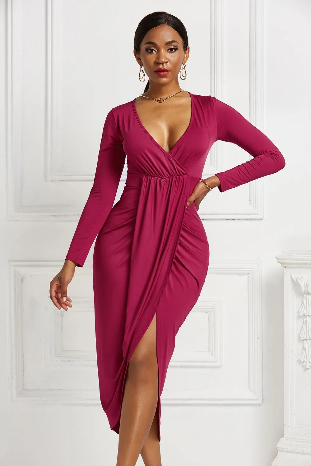 High-Low Ruched Surplice Long Sleeve Dress side view