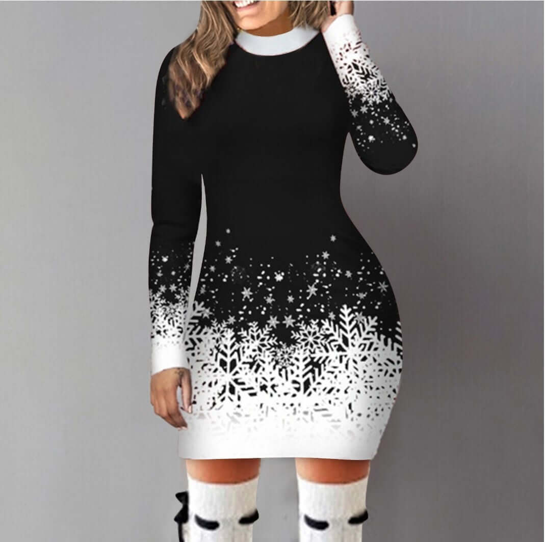 Geometric Print A Line Dress Long Sleeve Style