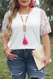 Kinslee Contrast Floral Puff Sleeve Ribbed Knit Plus Size Blouse-0