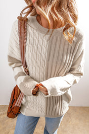 Cable Knit Color Block Crew Neck Sweater-3