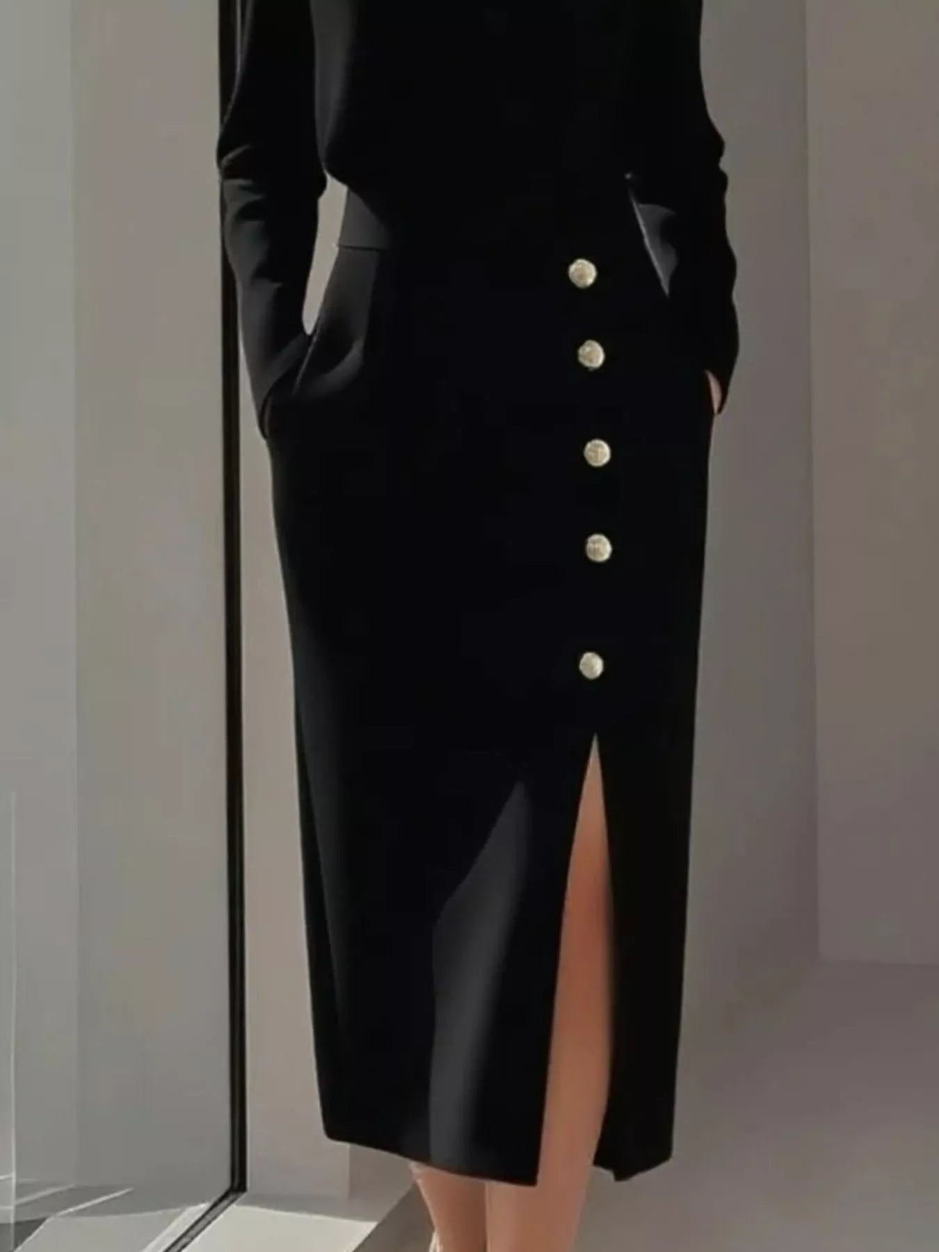 Long Sleeve Button Detail Midi Dress with Side Slit outfit inspiration