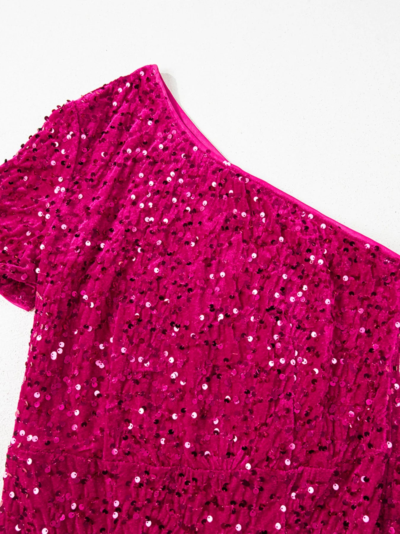 Sequin One-Shoulder Dress with vibrant pink sequins, perfect for glamorous party wear.