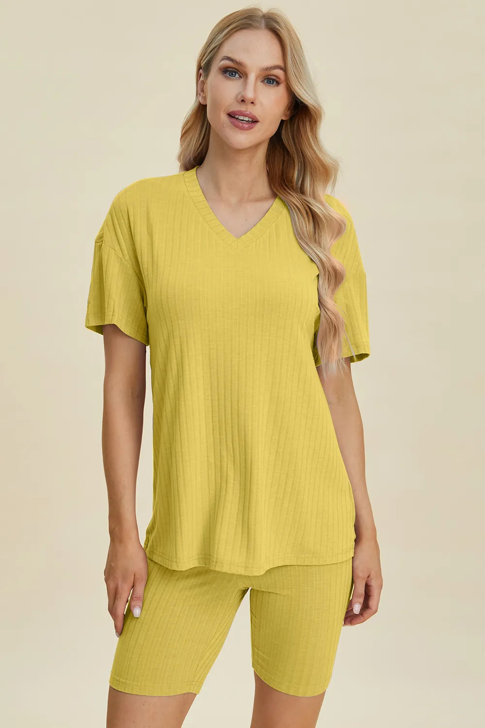 Ribbed V-Neck Short Sleeve Top and Shorts Set for Women