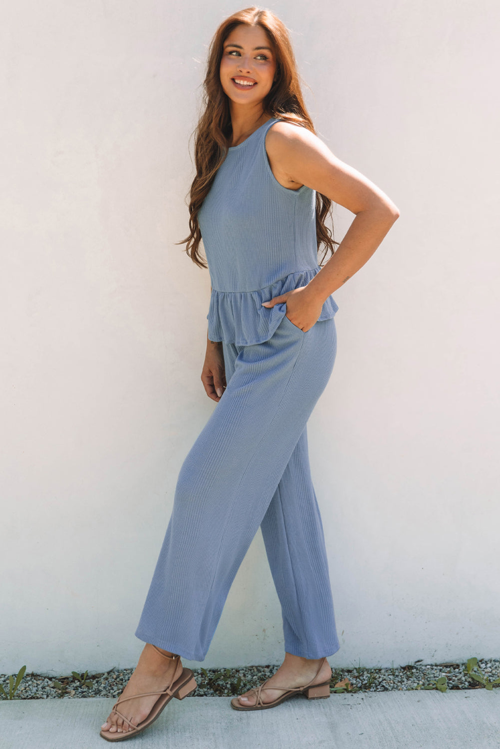 Solid Ribbed Loungewear Set with Ruffled Tank Top